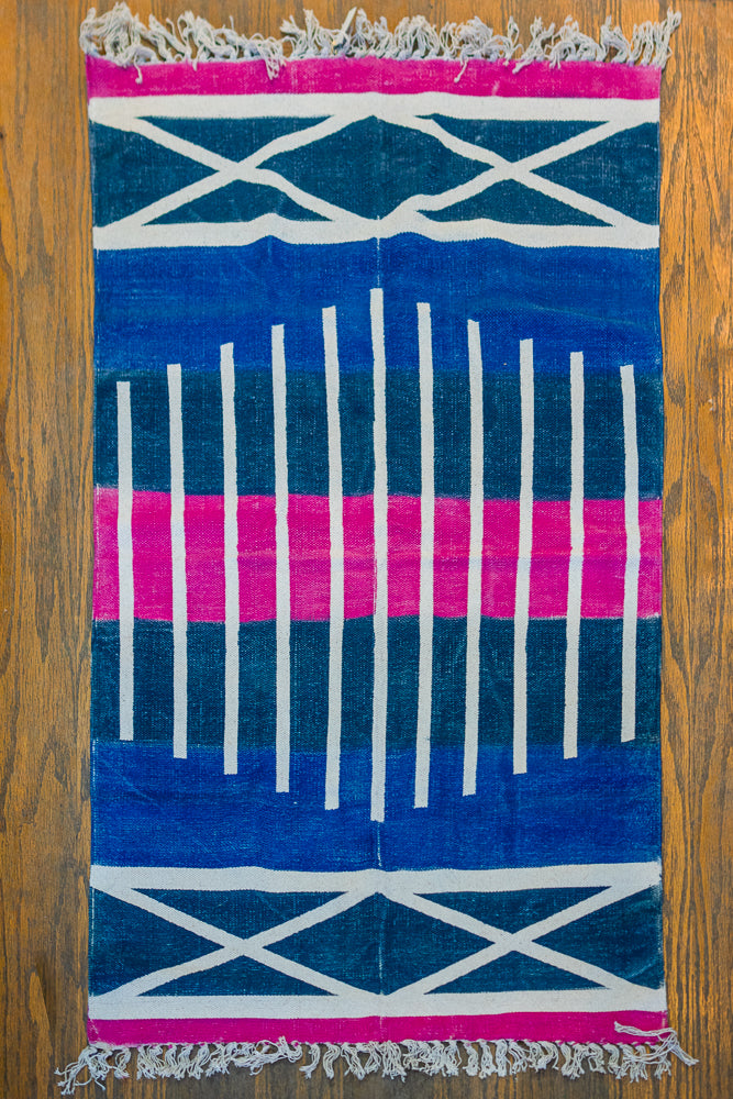 Navy Blue Striped Printed Rug