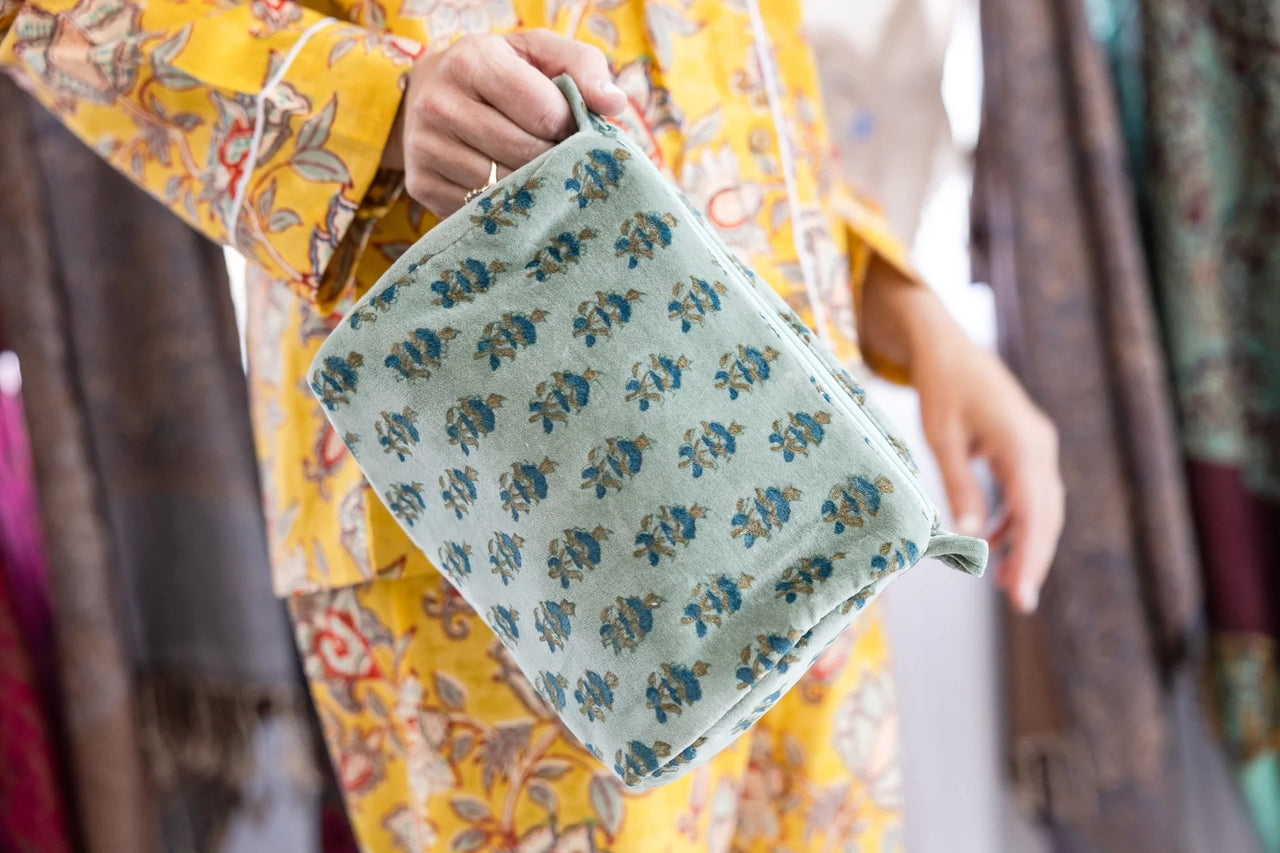 Velvet & Block Print Lined Cosmetic Pouch