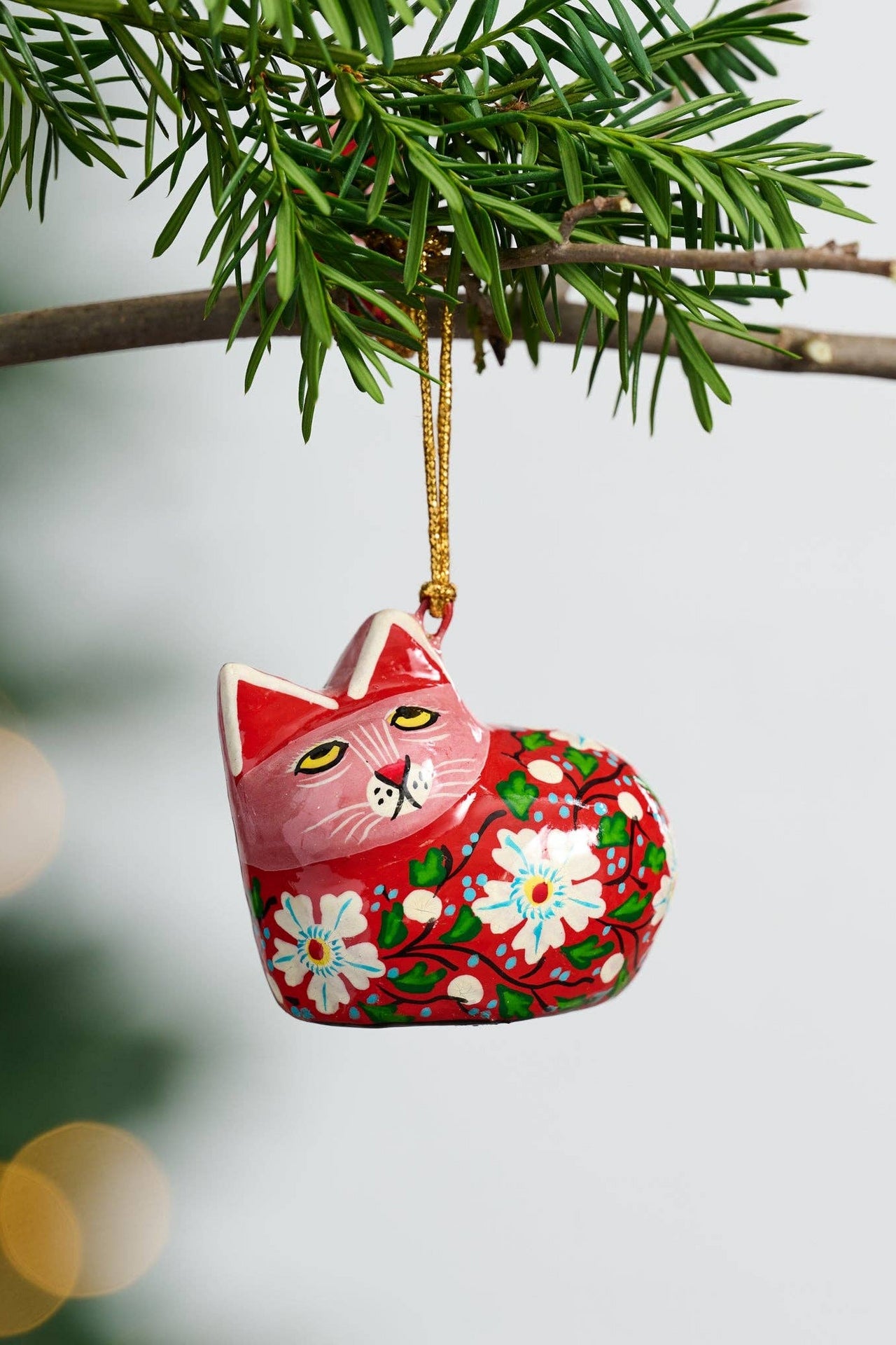 Painted Floral Cat Paper Mache Ornament