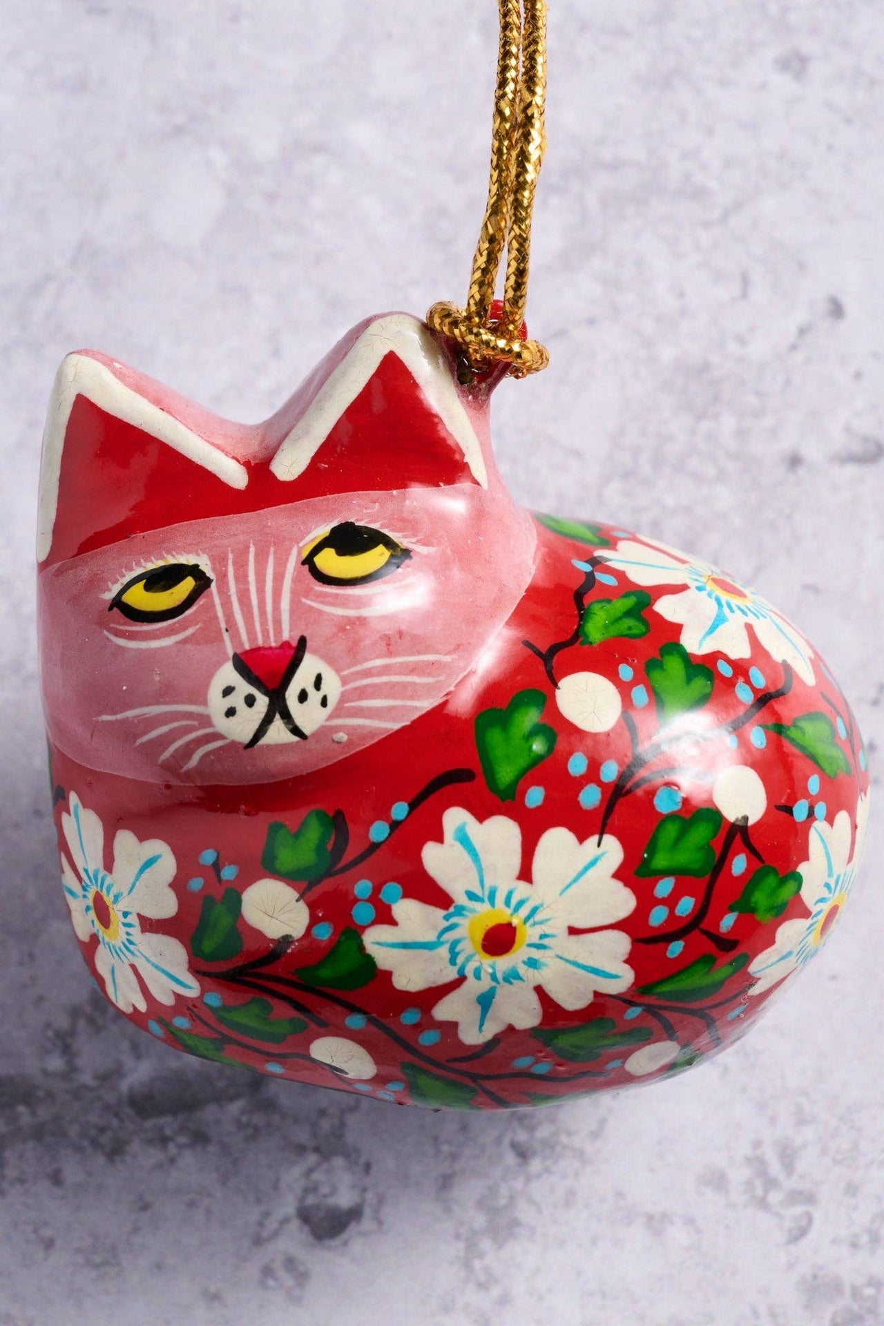 Painted Floral Cat Paper Mache Ornament