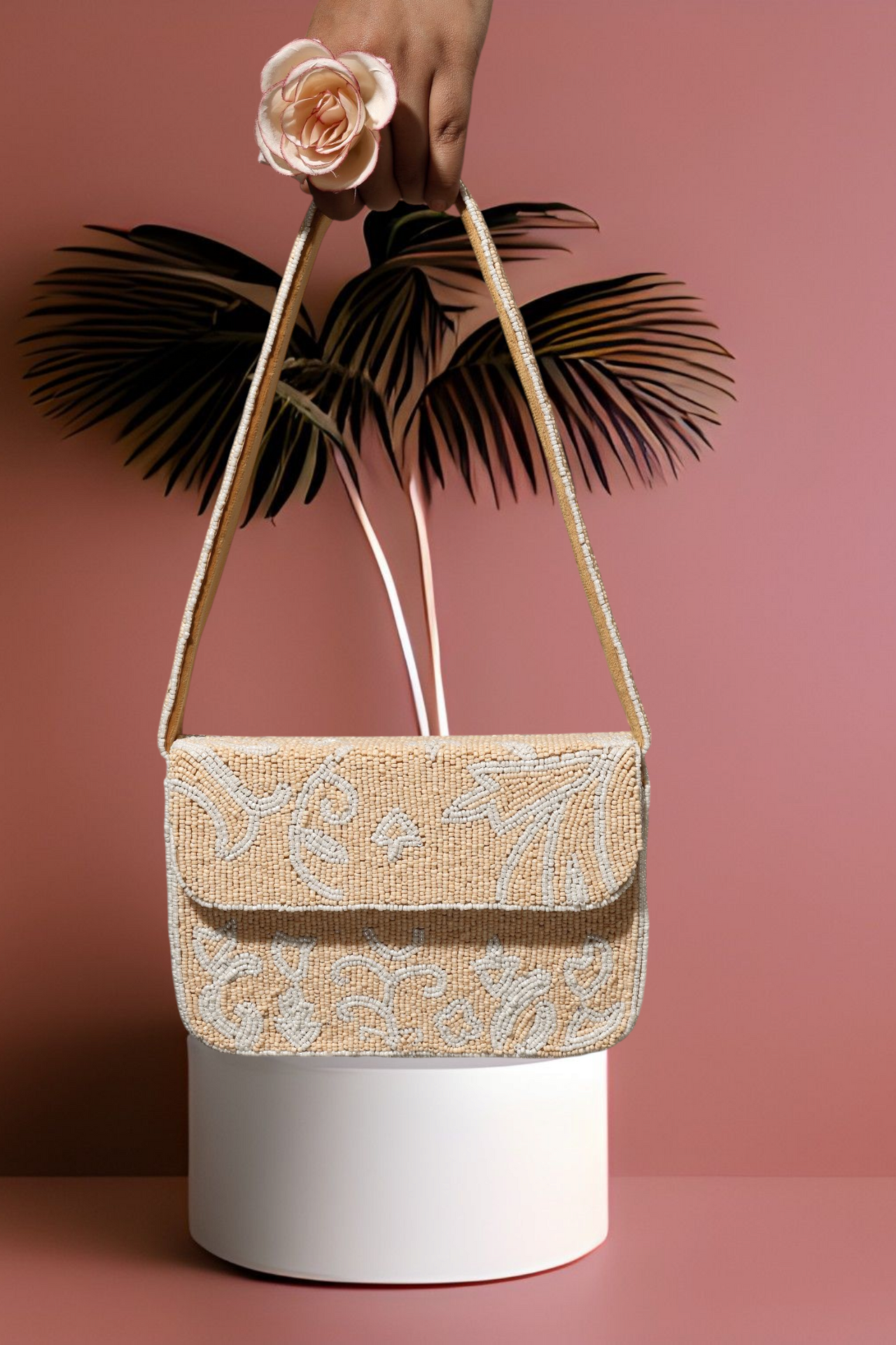 Beige Bloom Beaded Purse