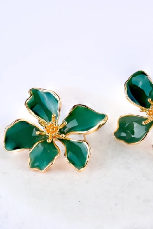 Emerald and Gold Flower Earrings