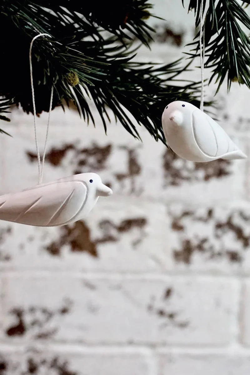 Hand Carved Nesting Bird Ornament Trio