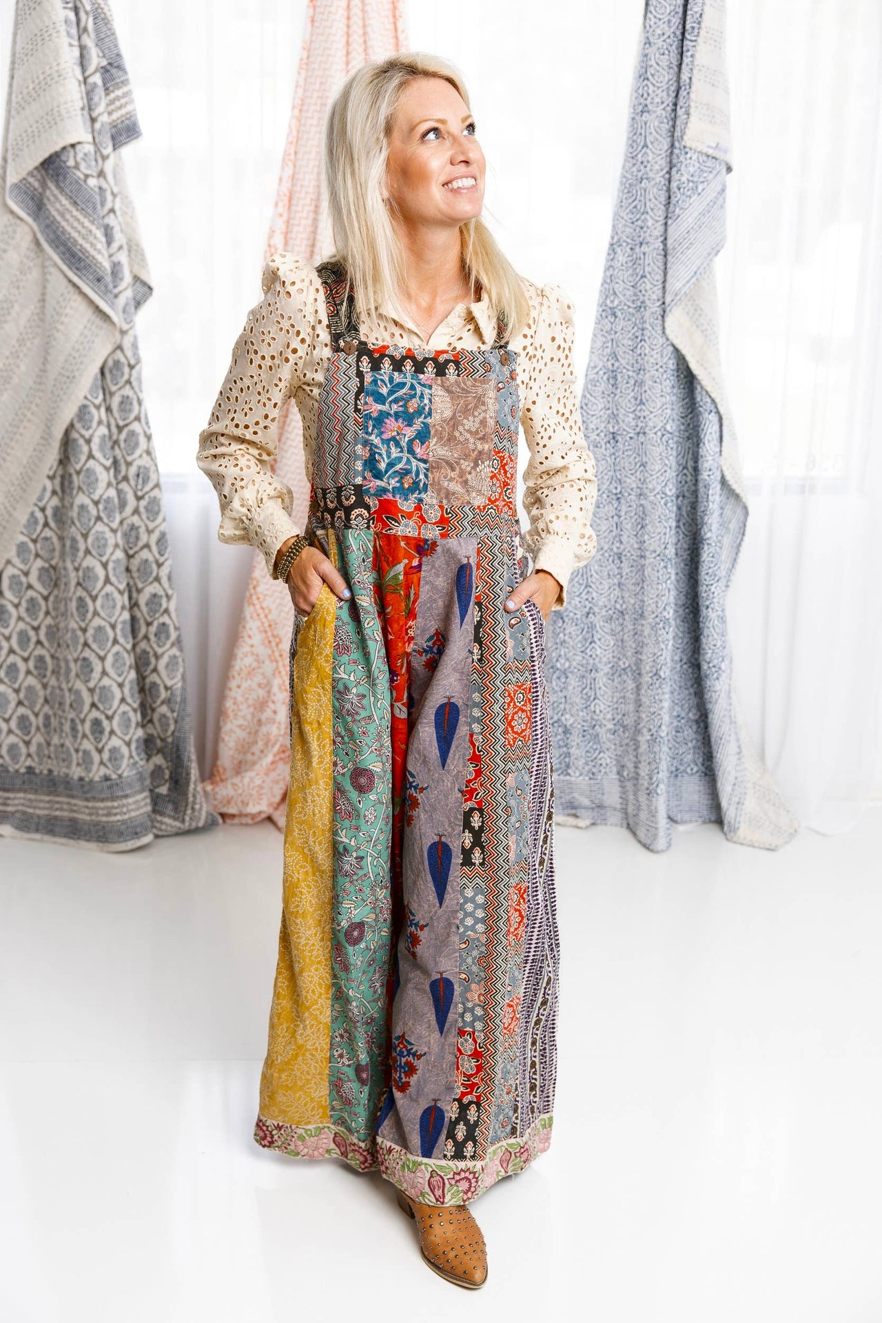 Botanical Motif Patchwork Printed Overalls