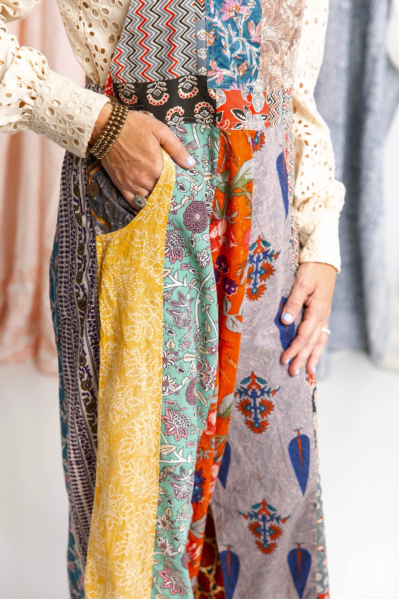 Botanical Motif Patchwork Printed Overalls