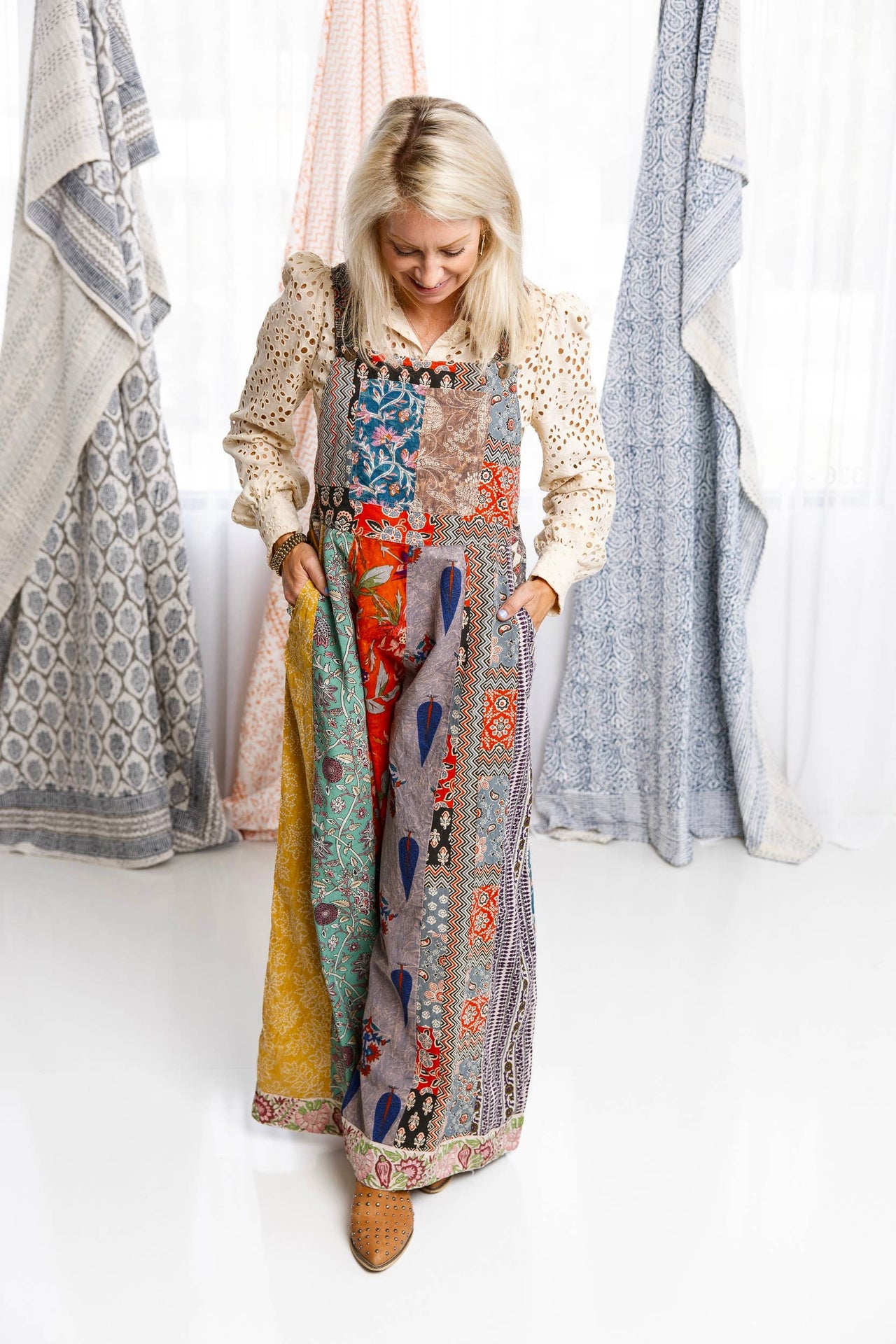 Botanical Motif Patchwork Printed Overalls