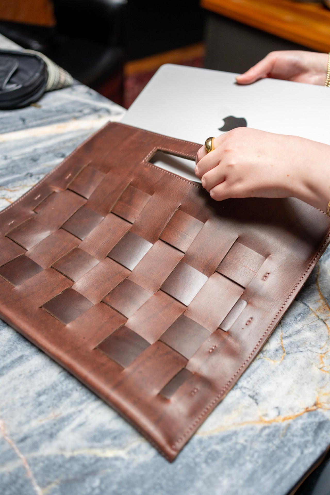 Bria Woven Leather Laptop Tote