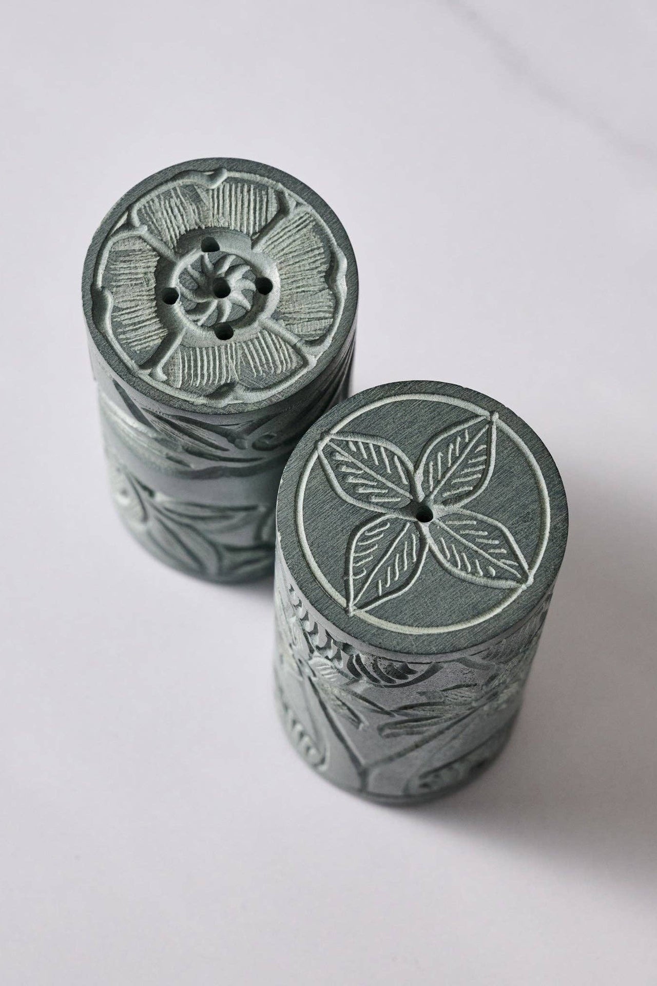 Valli Carved Palewa Stone Salt + Pepper Shakers