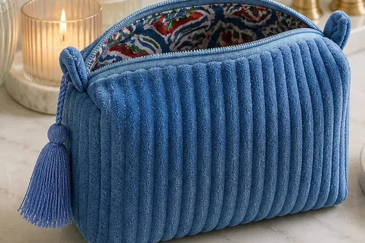 Velvet & Block Print Lined Cosmetic Pouch