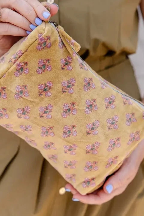 Velvet & Block Print Lined Cosmetic Pouch
