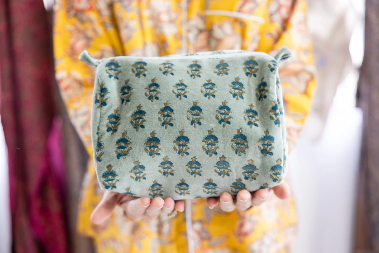 Velvet & Block Print Lined Cosmetic Pouch